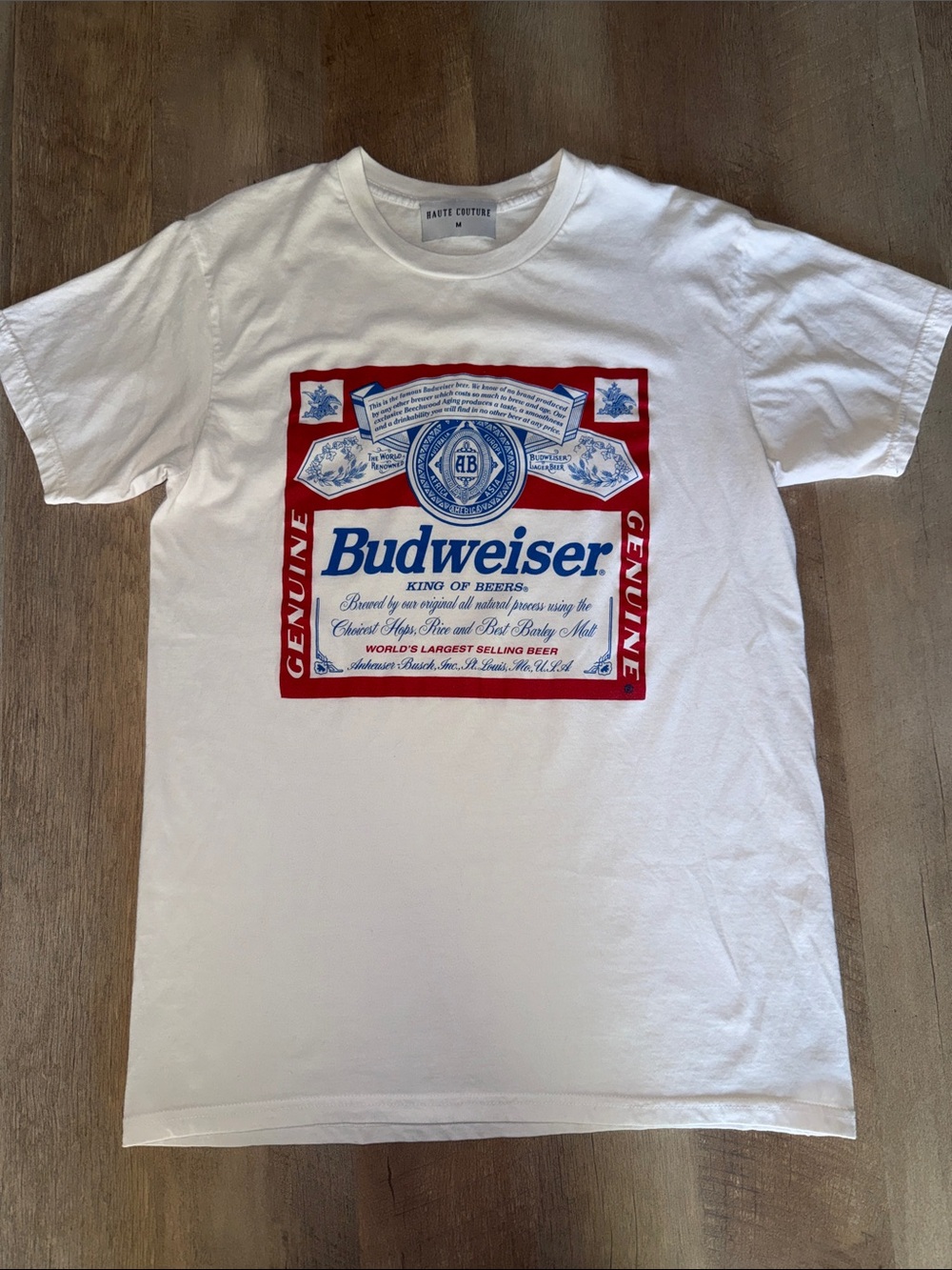 Budweiser White Tee with King of Beers Label Graphic T Medium